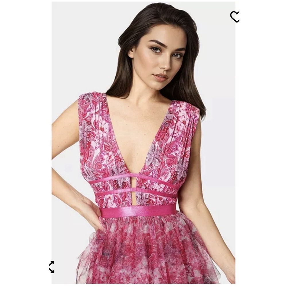 NWT Bebe Tiered High Low Mesh Maxi Dress Pink Floral Paisley Gown Size Small - Picture 2 of 10